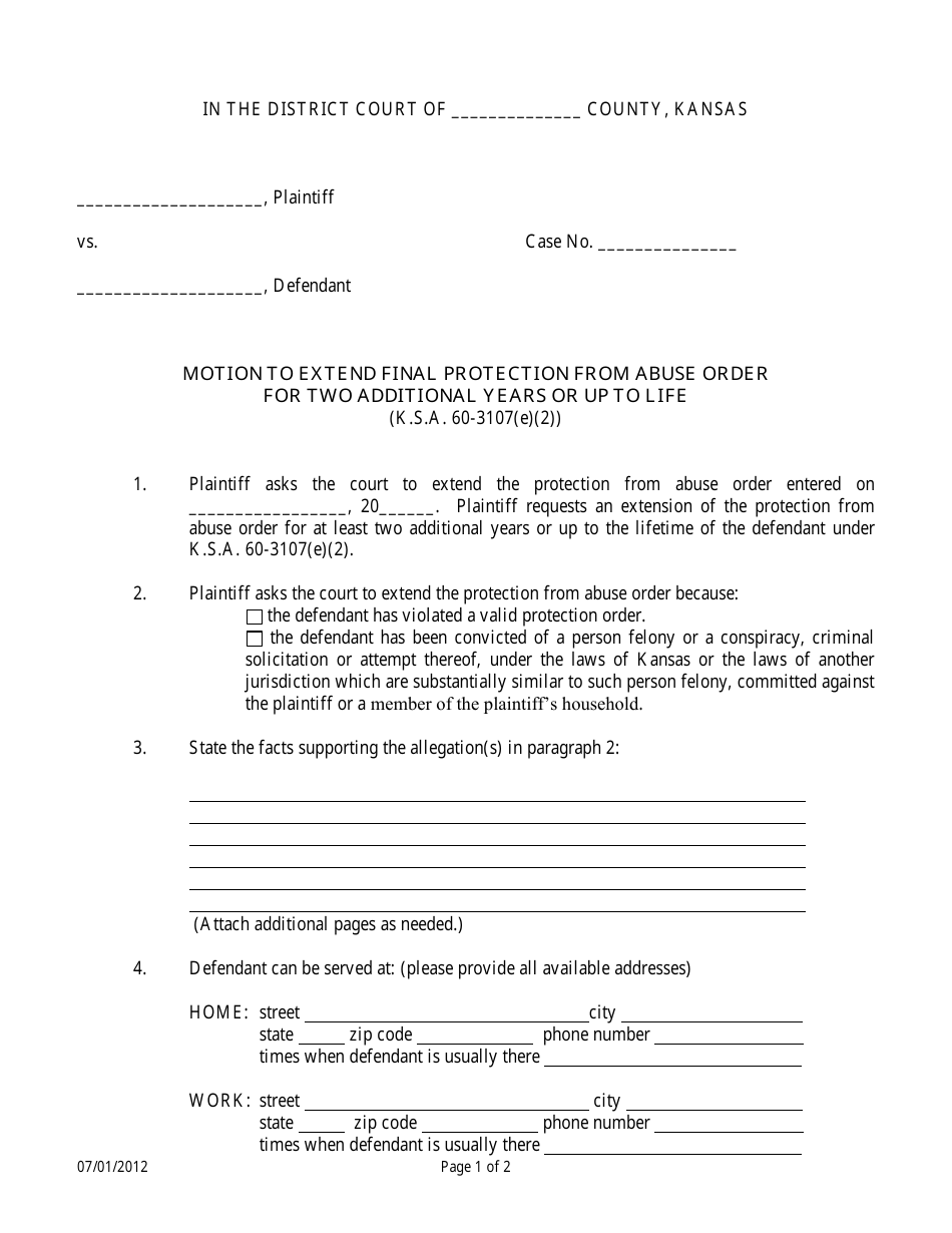 Kansas Motion to Extend Final Protection From Abuse Order for Two