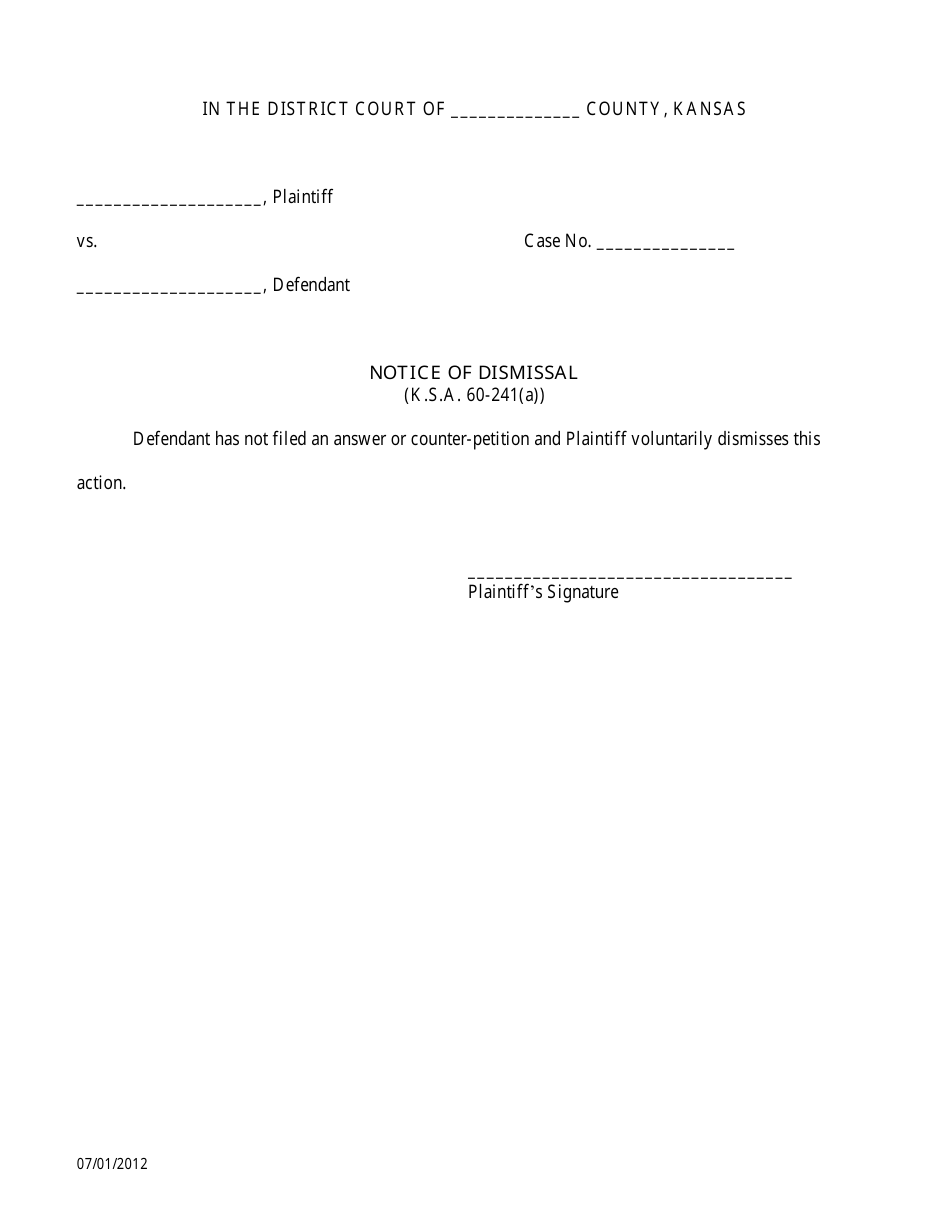 Kansas Protection From Abuse Notice of Dismissal Fill Out, Sign