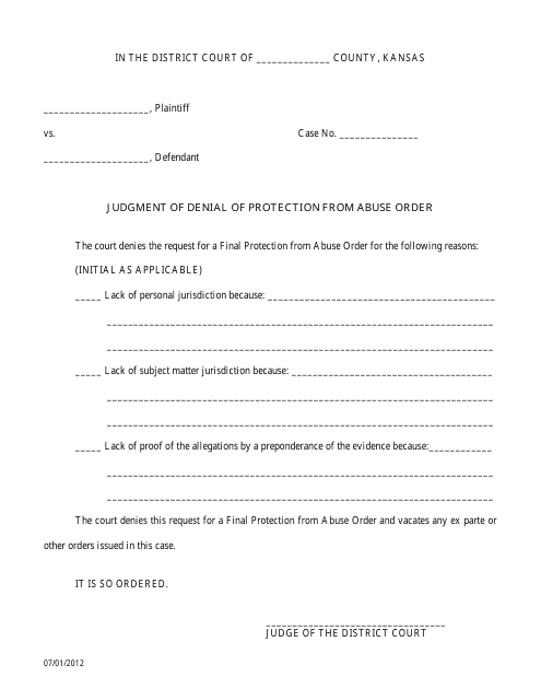 &quot;Judgment of Denial of Protection From Abuse Order&quot; - Kansas Download Pdf