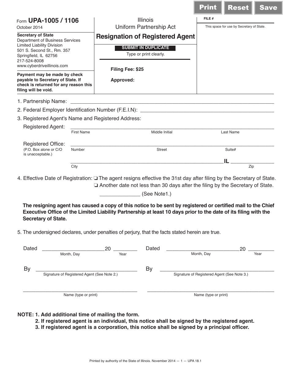Form UPA-1005 / 1106 Resignation of Registered Agent - Illinois, Page 1