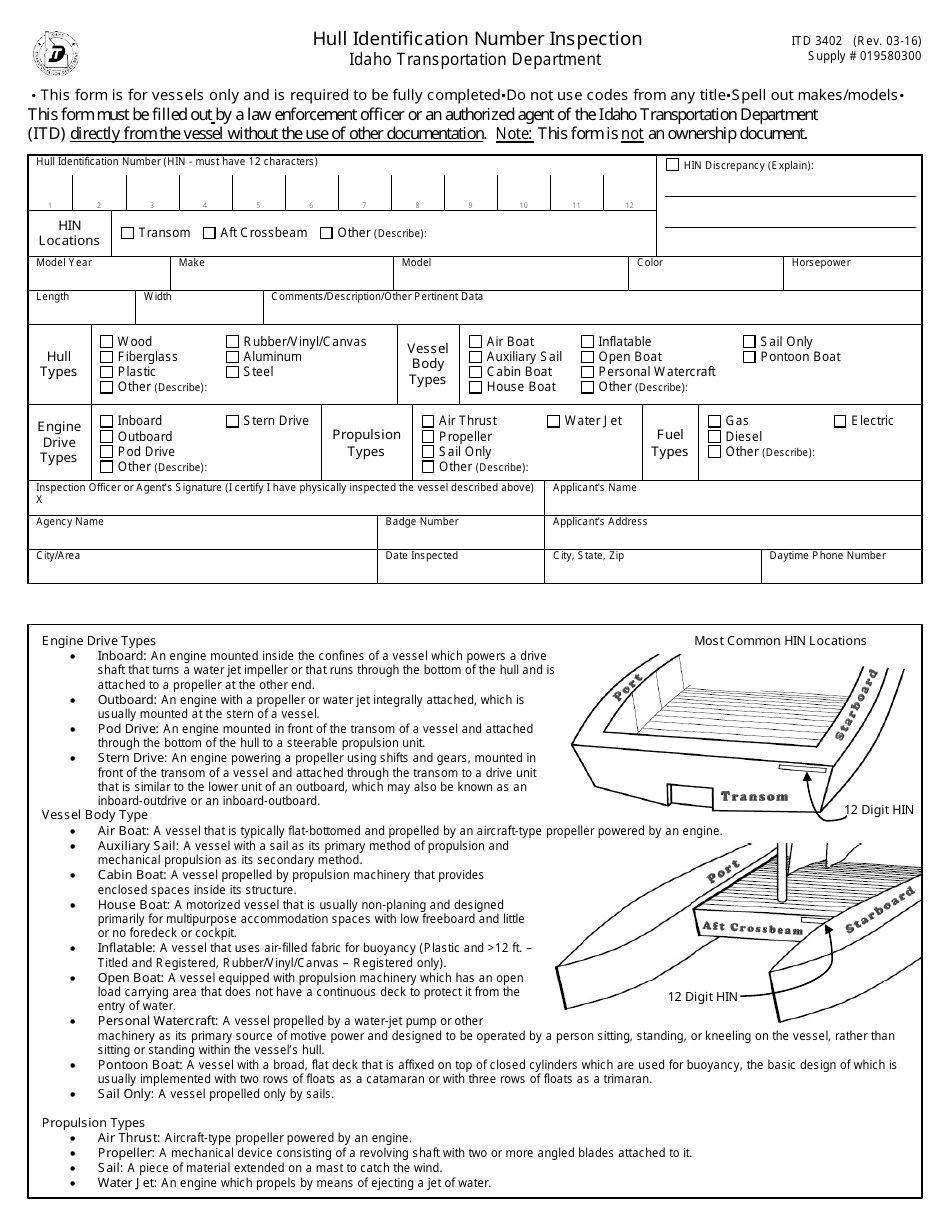 Form ITD3402 Hull Identification Number Inspection - Idaho, Page 1