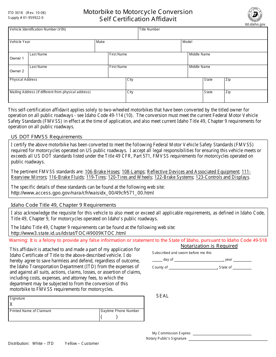 Form ITD3018 Download Fillable PDF or Fill Online Motorbike to