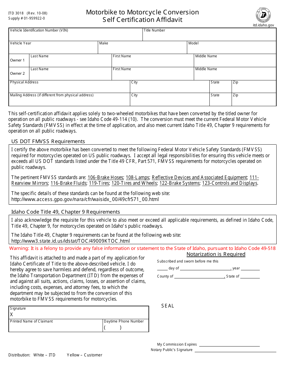 Form ITD3018 Motorbike to Motorcycle Conversion Self Certification Affidavit - Idaho, Page 1