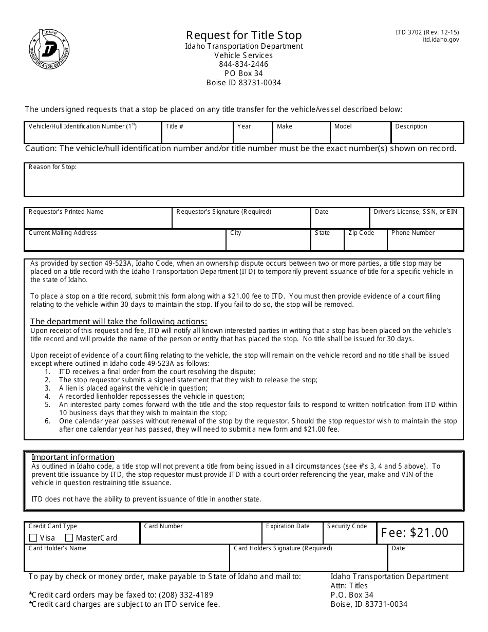 Form ITD3702 Request for Title Stop - Idaho, Page 1