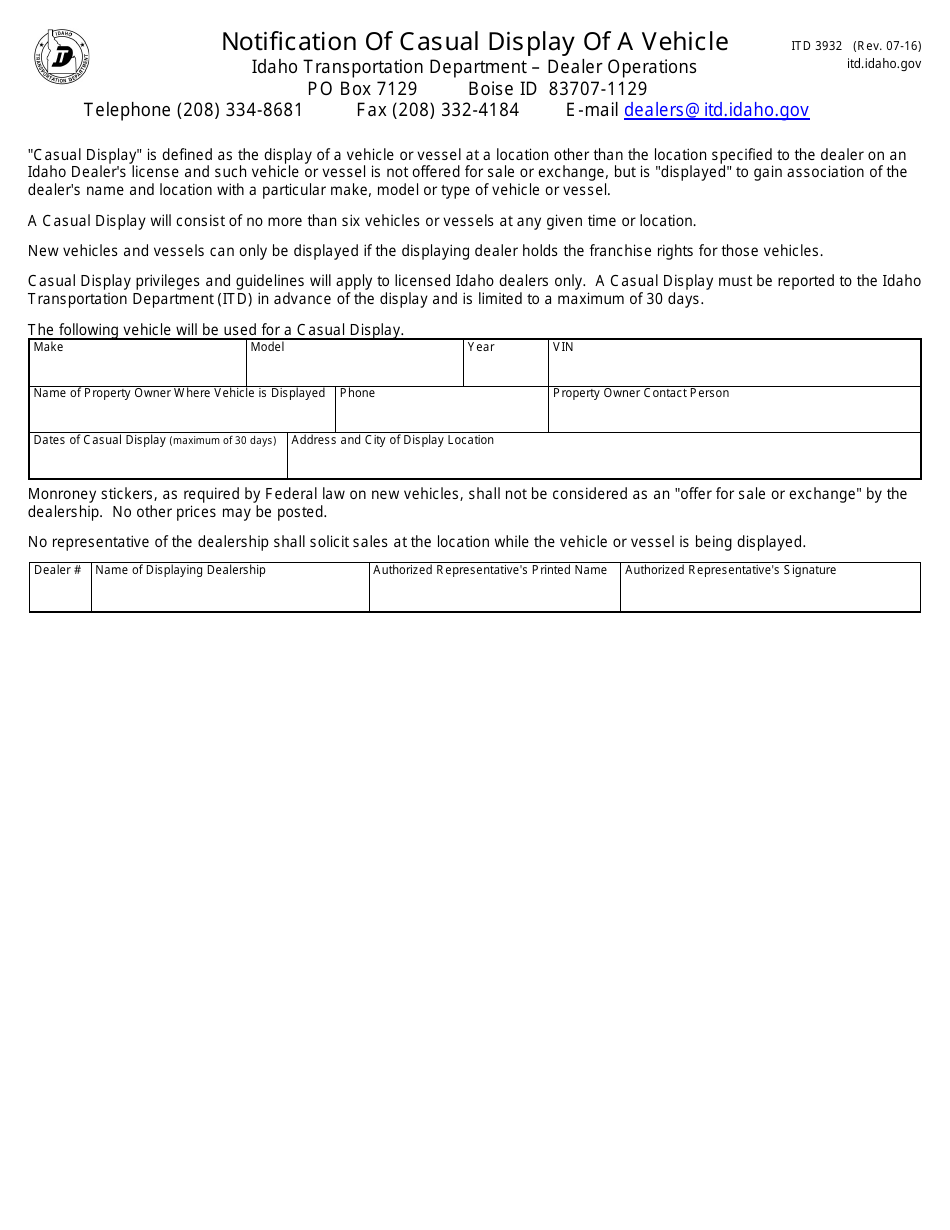 Form ITD3932 Notification of Casual Display of a Vehicle - Idaho, Page 1