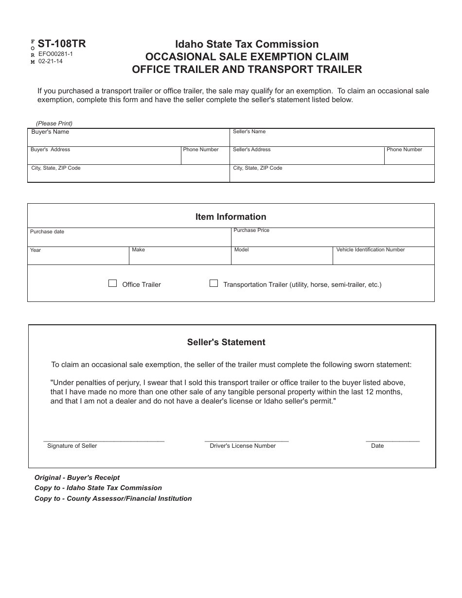 Form ST-108TR (EFO00281-1) Occasional Sale Exemption Claim - Office Trailer and Transport Trailer - Idaho, Page 1