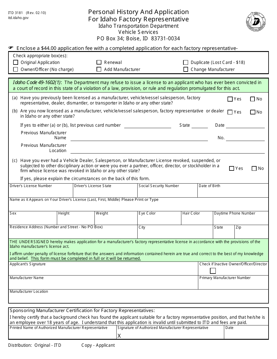 Form ITD3181 - Fill Out, Sign Online and Download Fillable PDF, Idaho ...