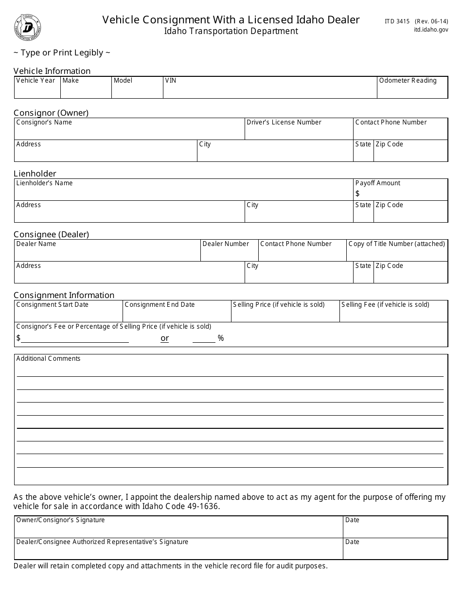 Form ITD3415 Vehicle Consignment With a Licensed Idaho Dealer - Idaho, Page 1