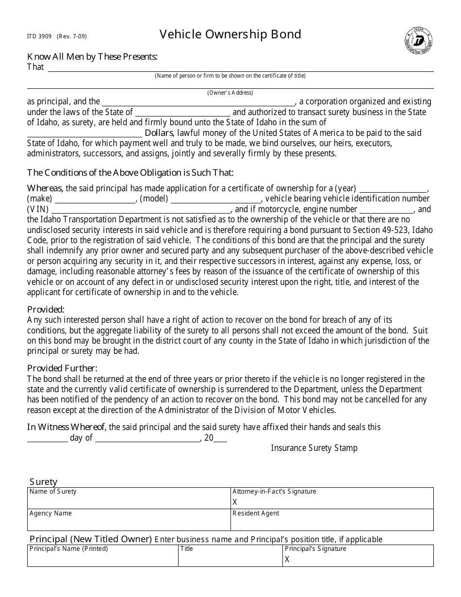 Form ITD3909 Vehicle Ownership Bond - Idaho, Page 1