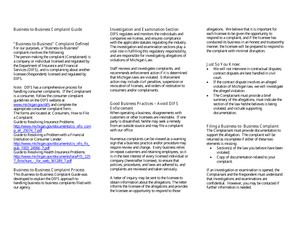 Form FIS0045 Business to Business Complaint Form - Michigan, Page 2