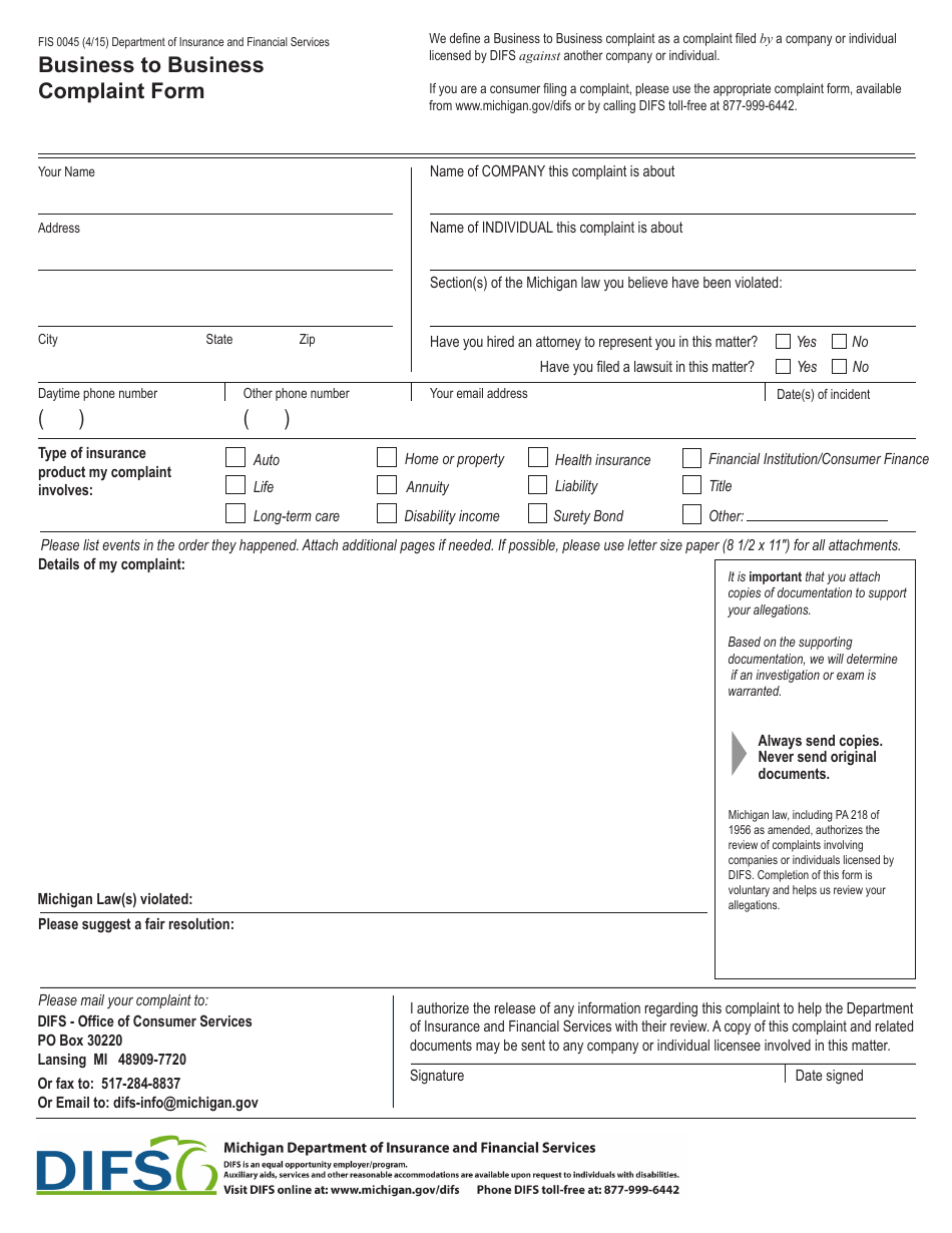 Form FIS0045 Business to Business Complaint Form - Michigan, Page 4