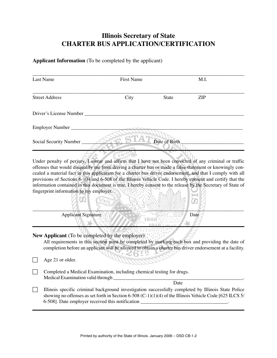 Form DSD CB-1.2 Charter Bus Application / Certification - Illinois, Page 1