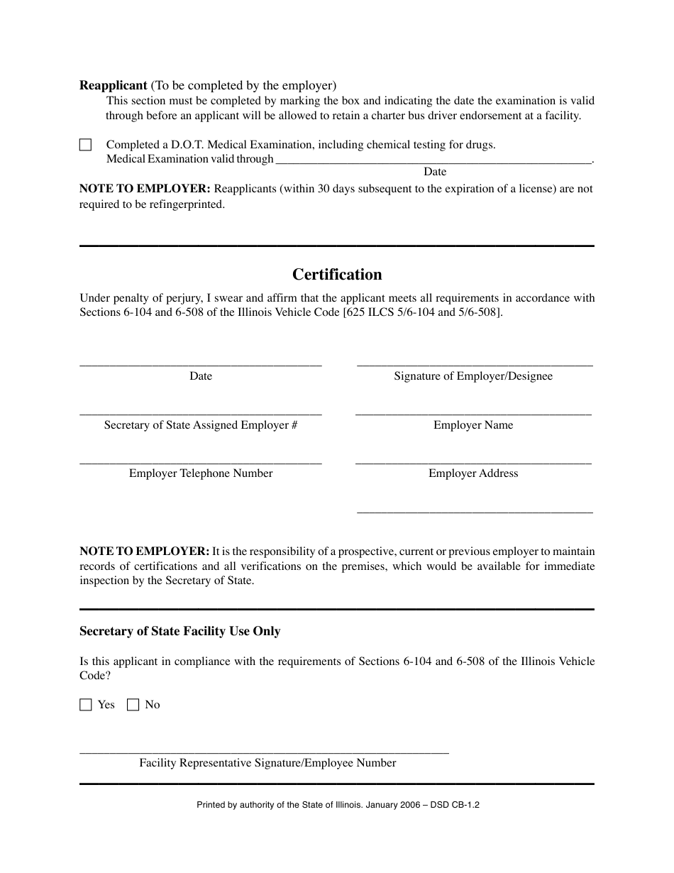 Form DSD CB-1.2 Charter Bus Application / Certification - Illinois, Page 2