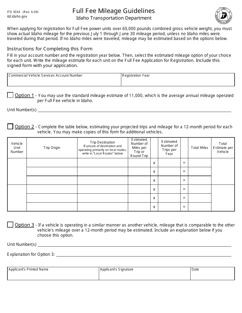 Form ITD3034 Full Fee Mileage Guidelines - Idaho, Page 1