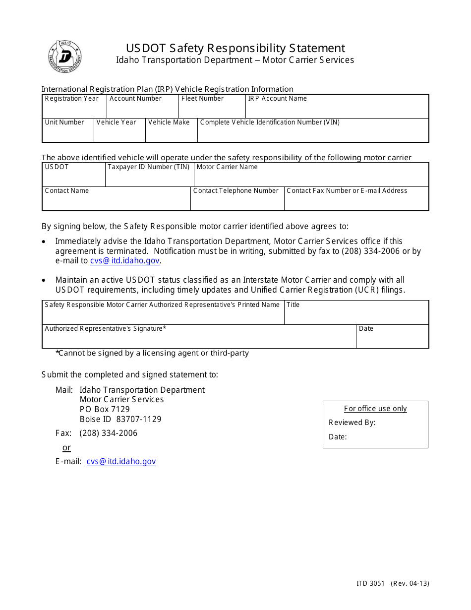 Form ITD3051 Usdot Safety Responsibility Statement - Idaho, Page 1