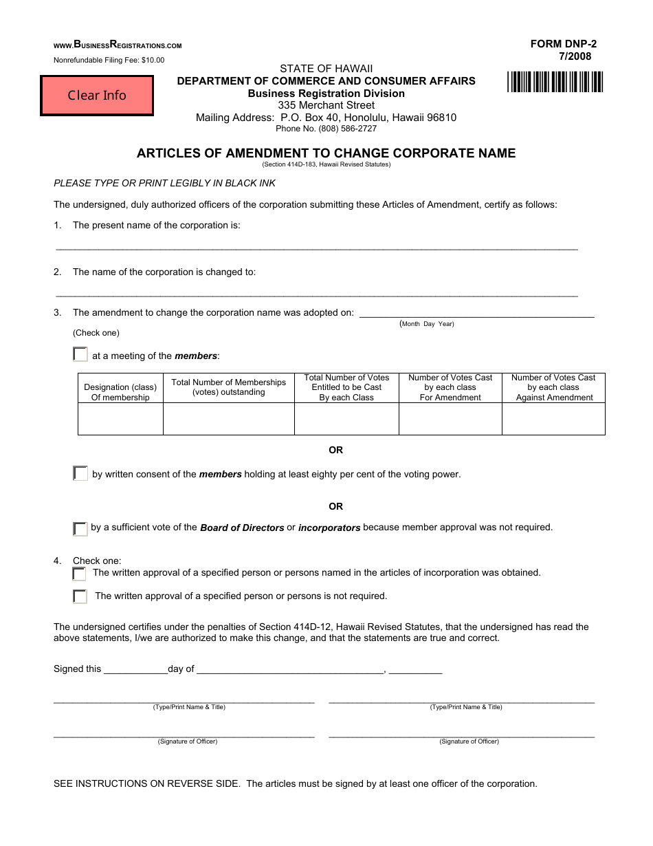 Form DNP-2 Articles of Amendment to Change Corporate Name - Hawaii, Page 1