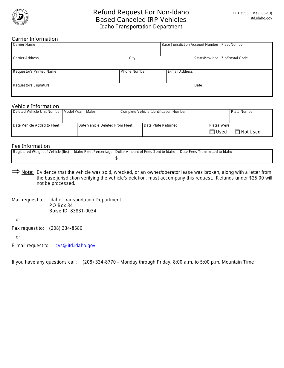 Form ITD3553 Refund Request for Non-idaho Based Canceled Irp Vehicles - Idaho, Page 1