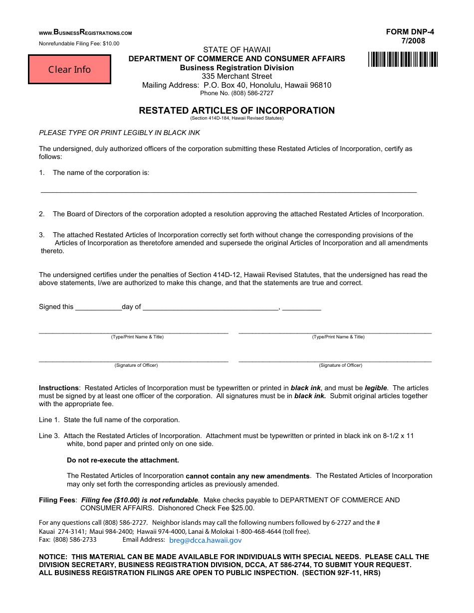 Form DNP-4 Restated Articles of Incorporation - Hawaii, Page 1