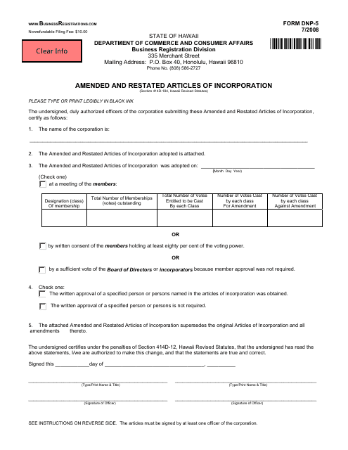 Form DNP-5 Amended and Restated Articles of Incorporation - Hawaii