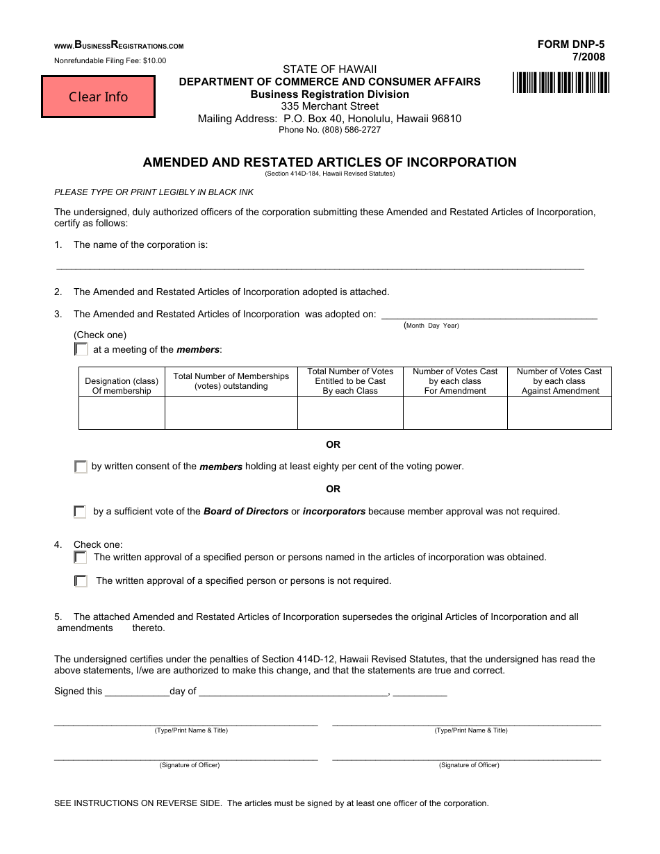 Form DNP-5 Amended and Restated Articles of Incorporation - Hawaii, Page 1