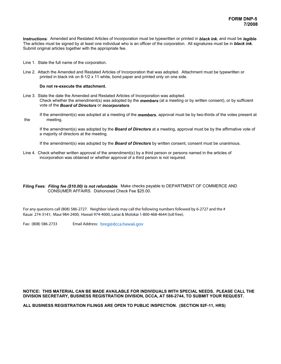 Form DNP-5 Amended and Restated Articles of Incorporation - Hawaii, Page 2