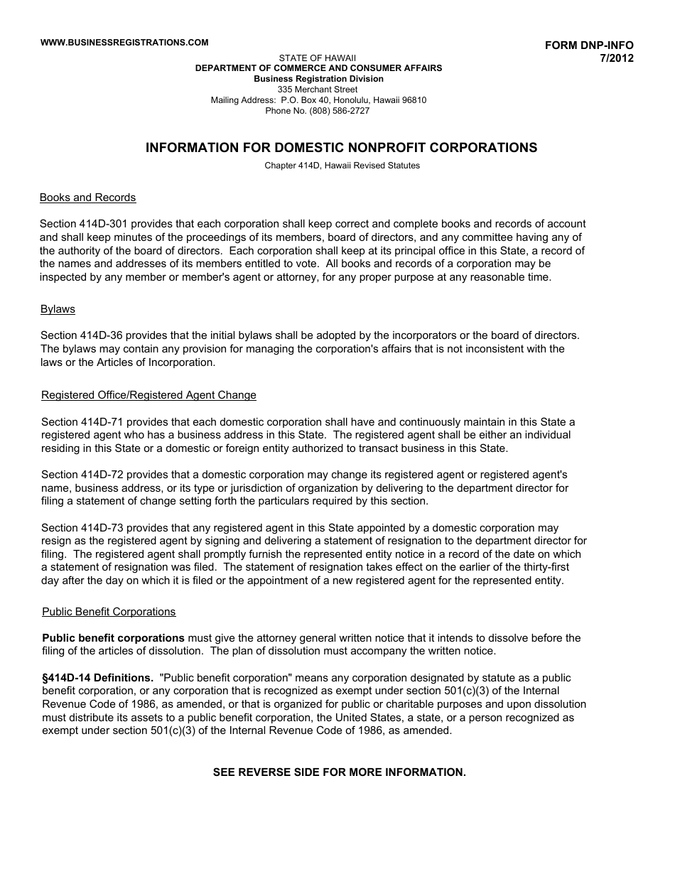 Form DNP-INFO Information for Domestic Nonprofit Corporations - Hawaii, Page 1
