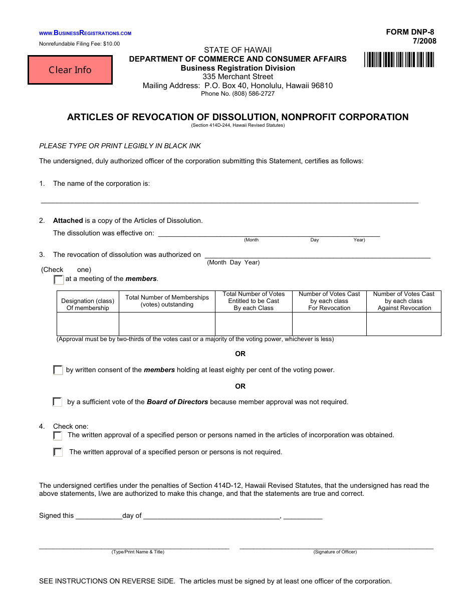 Form DNP-8 Articles of Revocation of Dissolution, Nonprofit Corporation - Hawaii, Page 1