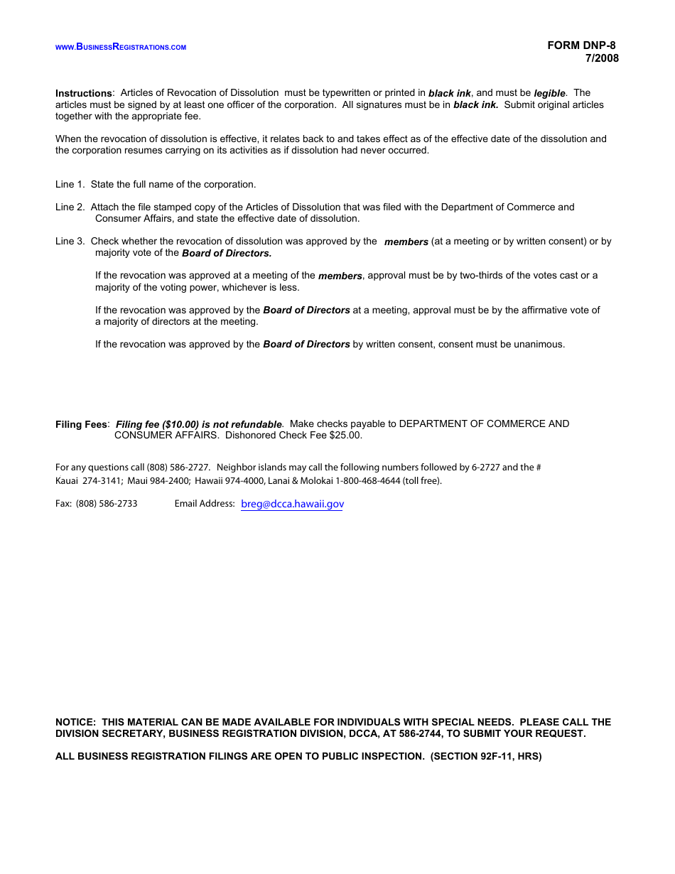 Form DNP8 Fill Out, Sign Online and Download Fillable PDF, Hawaii
