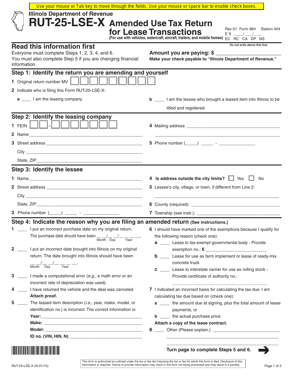 Form RUT-25-LSE-X (964) Amended Use Tax Return for Lease Transactions - Illinois, Page 1