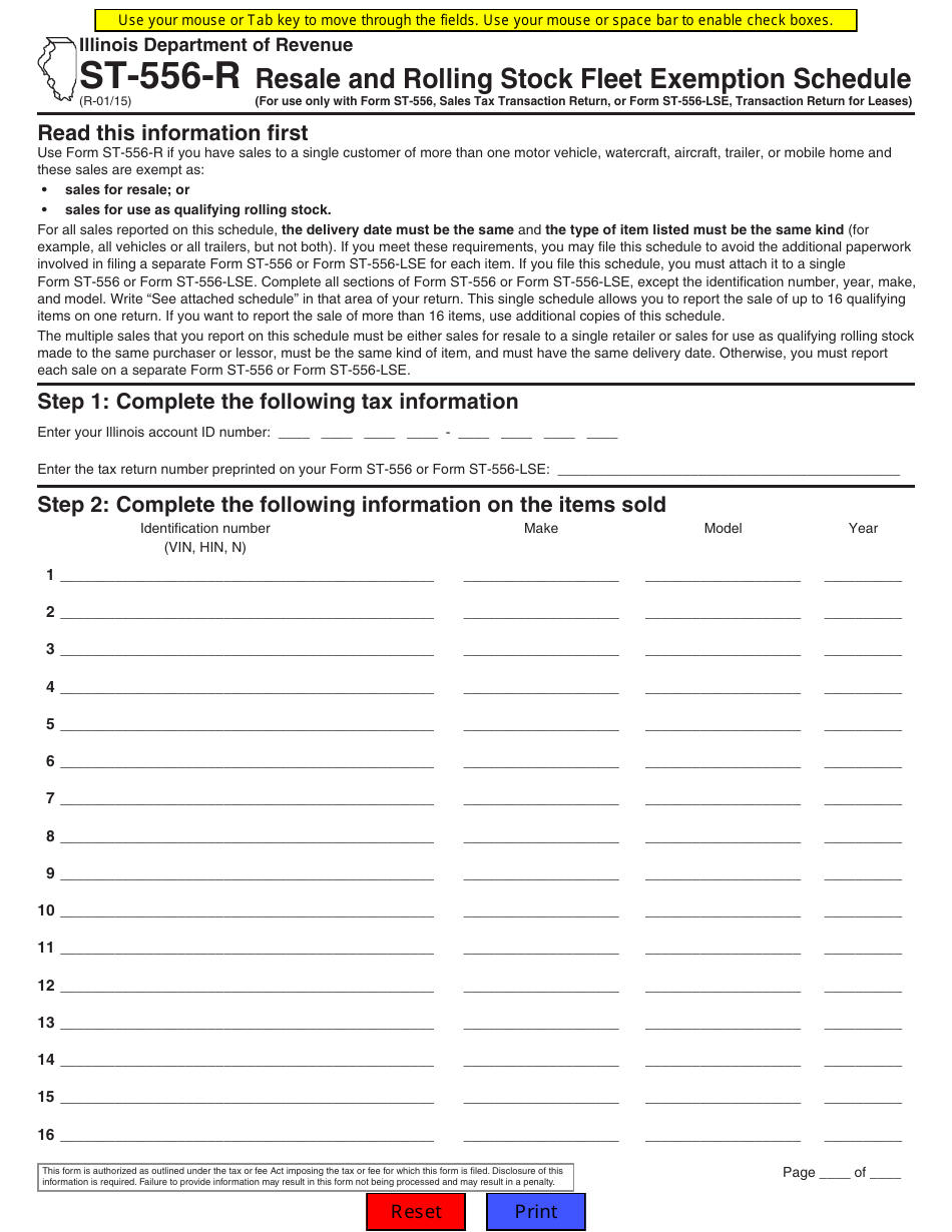 Form ST-556-R Resale and Rolling Stock Fleet Exemption Schedule - Illinois, Page 1