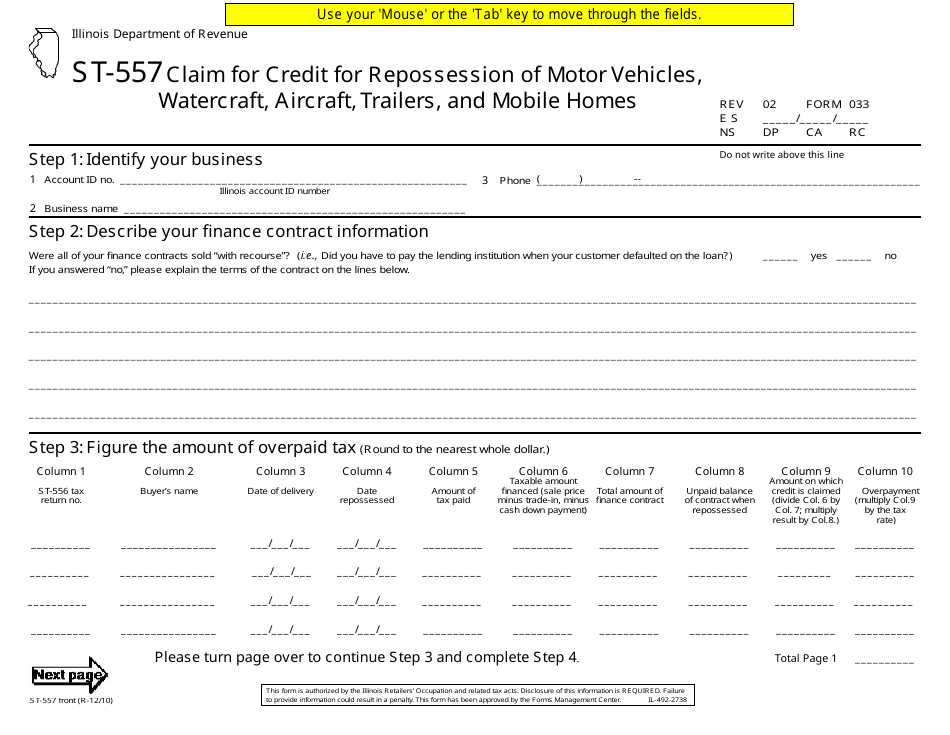 Form ST-557 (033) Claim for Credit for Repossession of Motor Vehicles, Watercraft, Aircraft, Trailers, and Mobile Homes - Illinois, Page 1