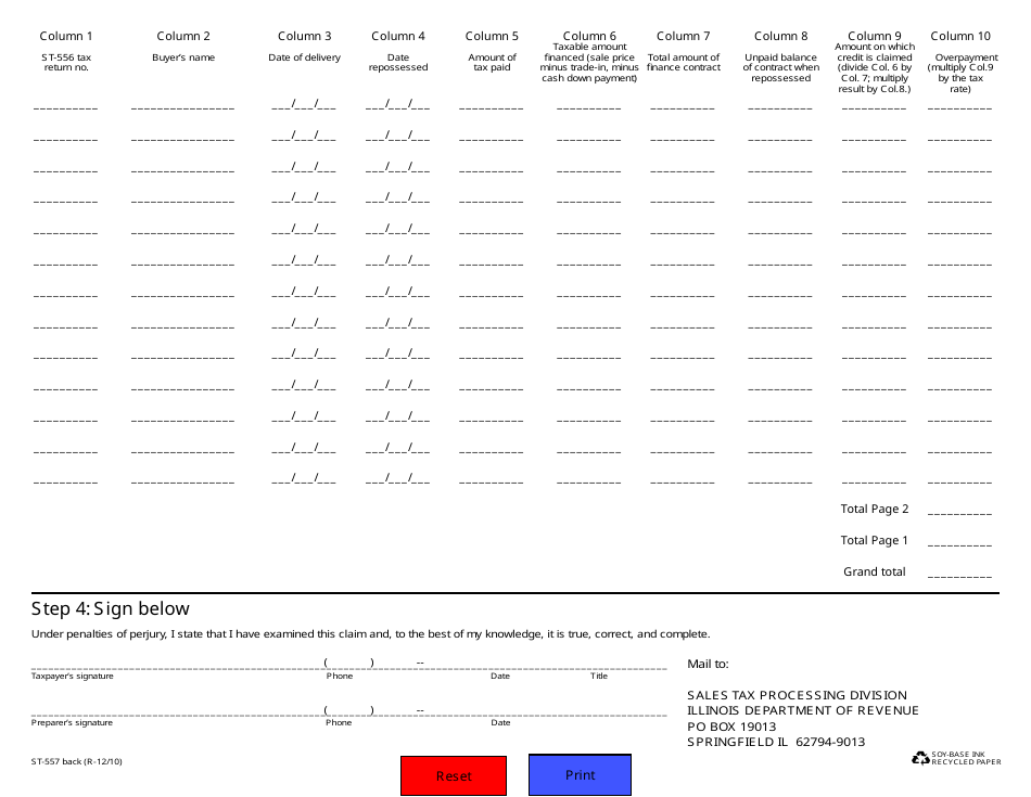 Form ST-557 (033) Claim for Credit for Repossession of Motor Vehicles, Watercraft, Aircraft, Trailers, and Mobile Homes - Illinois, Page 2