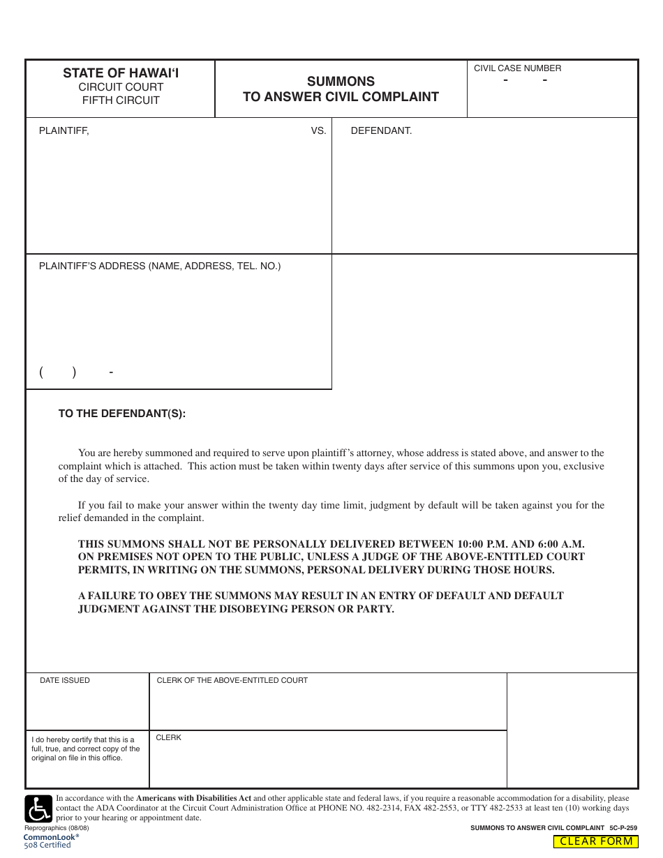 Form 5C-P-259 Summons to Answer Civil Complaint - Hawaii, Page 1