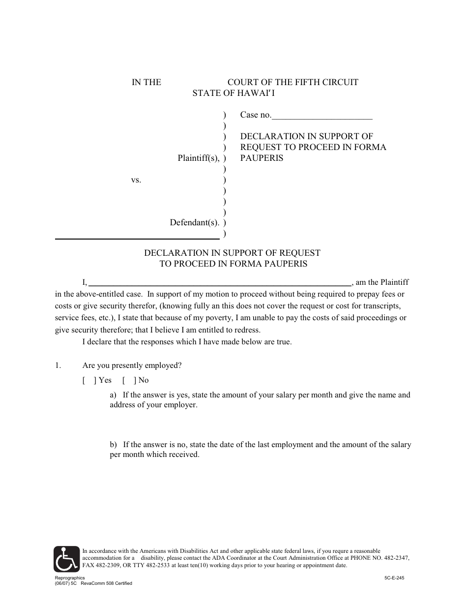 Form 5C-E-245 Declaration in Support of Request to Proceed in Forma Pauperis - Hawaii, Page 1
