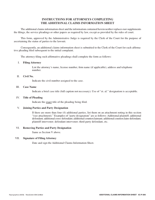 Form 5C-P-260 Additional Claims Information Sheet - Hawaii