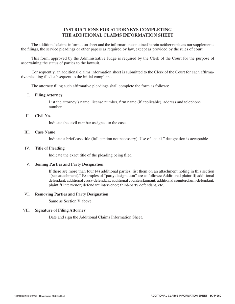 Form 5C-P-260 Additional Claims Information Sheet - Hawaii, Page 1
