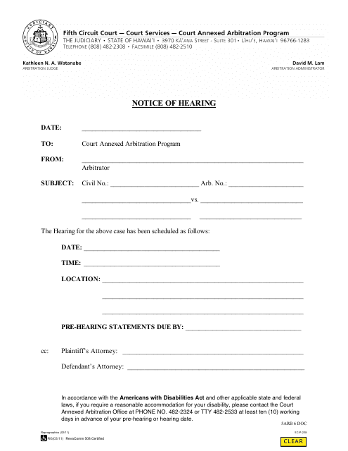 Form 5C-P-238 Notice of Hearing - Hawaii
