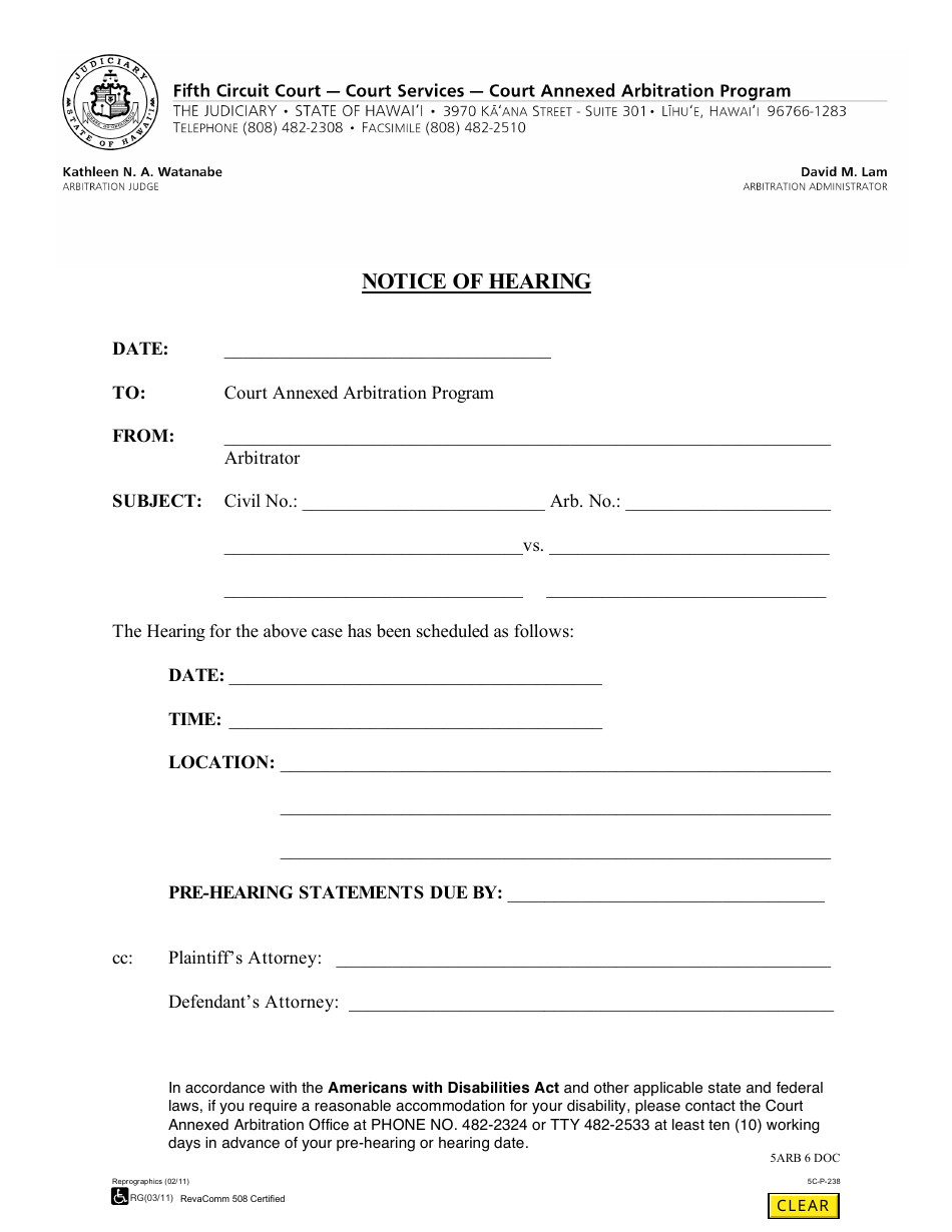 Form 5C-P-238 Notice of Hearing - Hawaii, Page 1