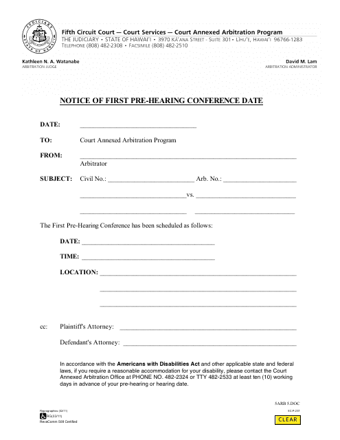 Form 5C-P-237 Notice of First Pre-hearing Conference Date - Hawaii