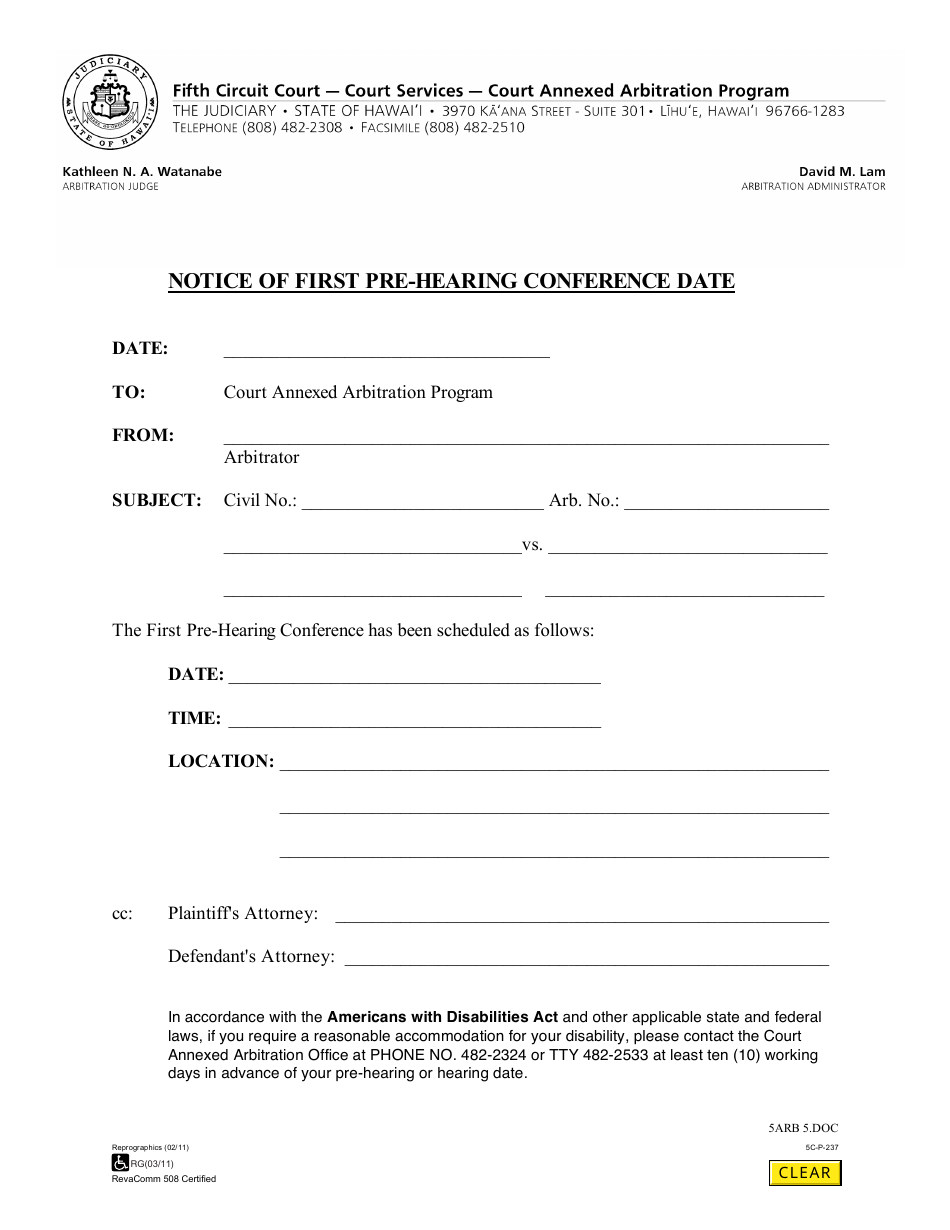 Form 5C-P-237 Notice of First Pre-hearing Conference Date - Hawaii, Page 1
