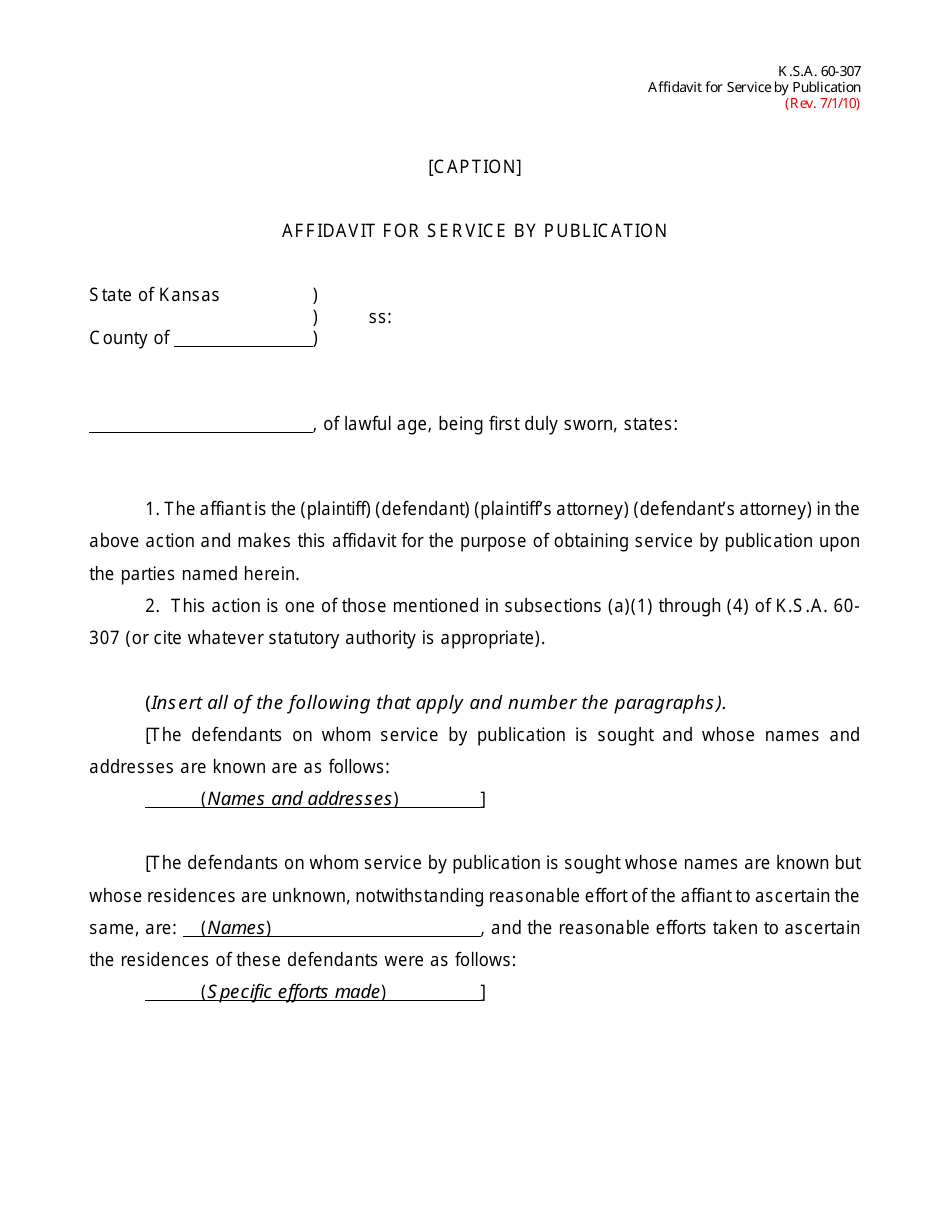 Affidavit for Service by Publication - Kansas, Page 1