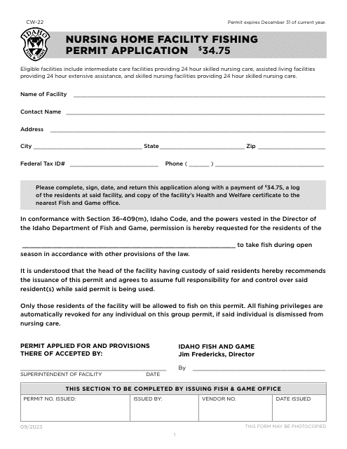 Form CE-22 Application for Nursing Home Facility Fishing Permit - Idaho