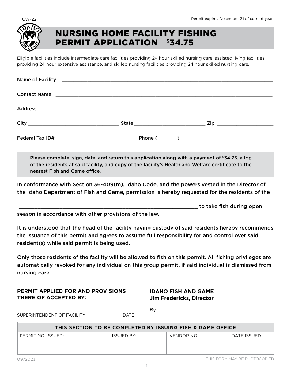 Form CW-22 Nursing Home Facility Fishing Permit Application - Idaho, Page 1