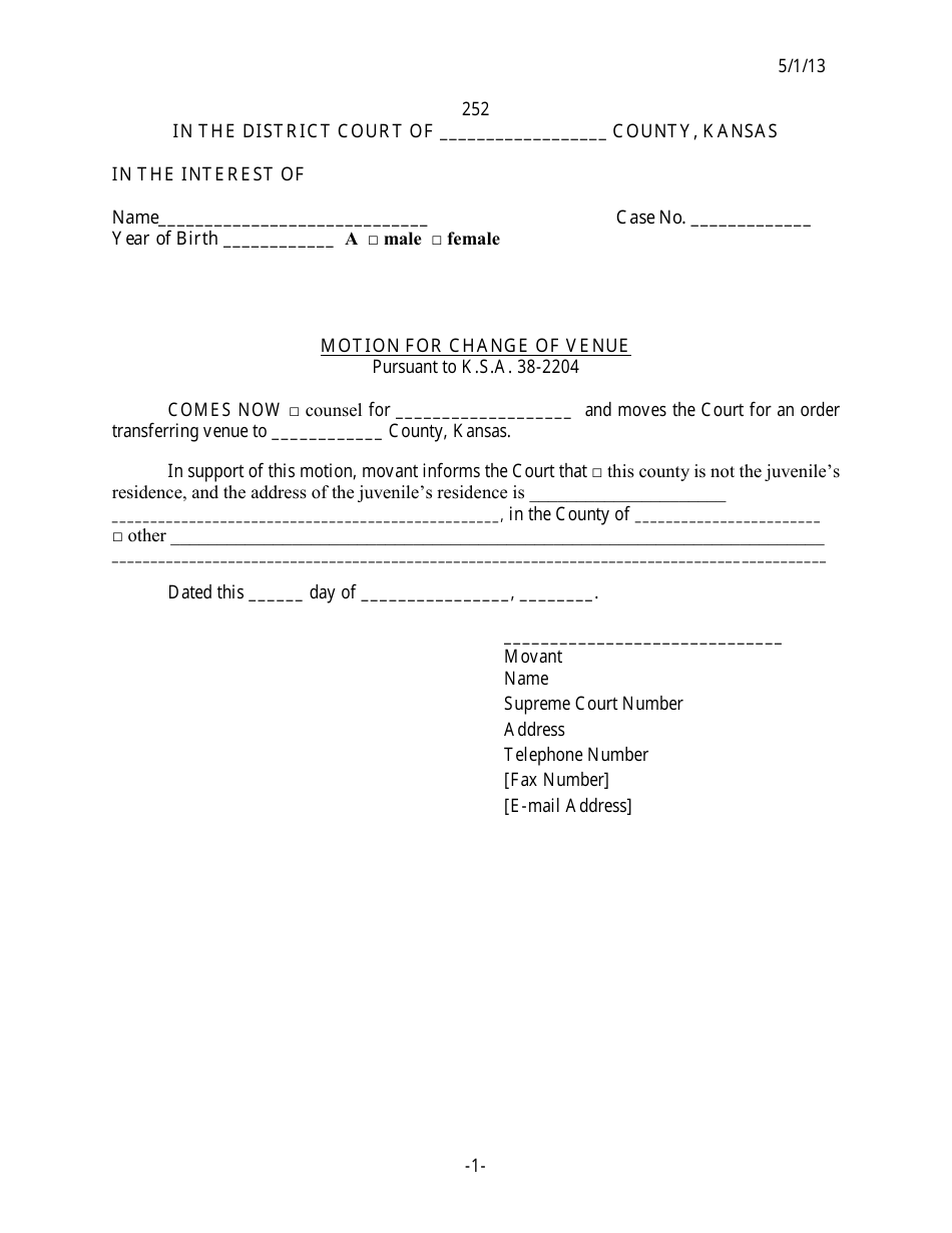 Form 252 Motion for Change of Venue - Kansas, Page 1