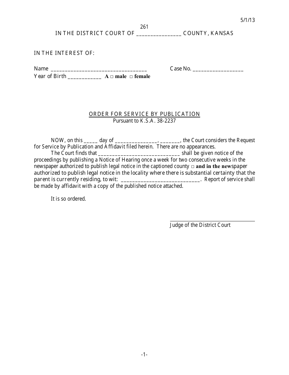 Form 261 Order for Service by Publication - Kansas, Page 1