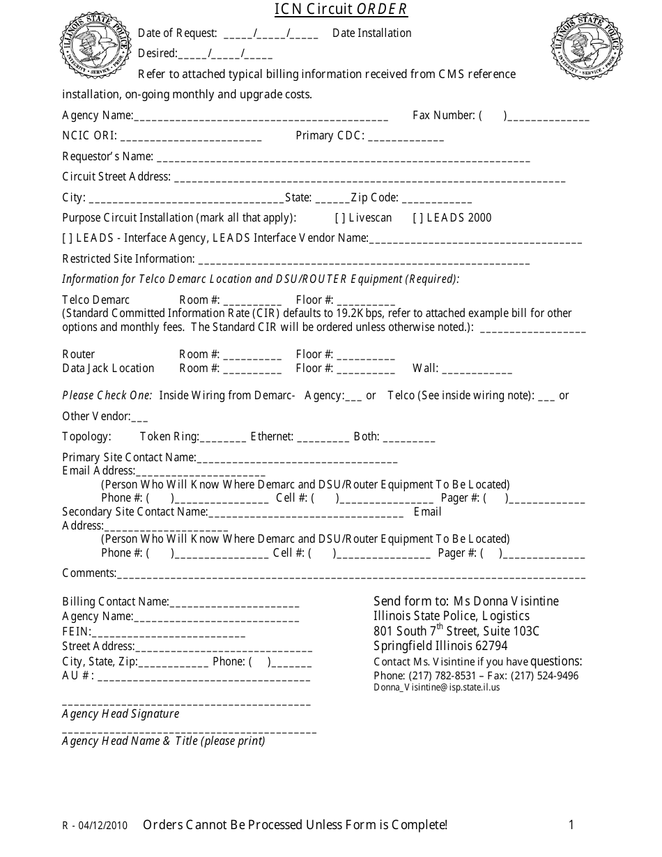 Icn Circuit Order Form - Illinois, Page 1