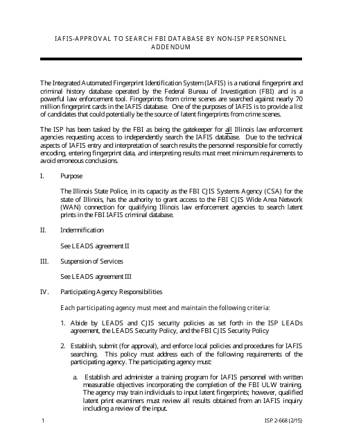 Form ISP2-668 Iafis-Approval to Search Fbi Database by Non-isp Personnel Addendum - Illinois