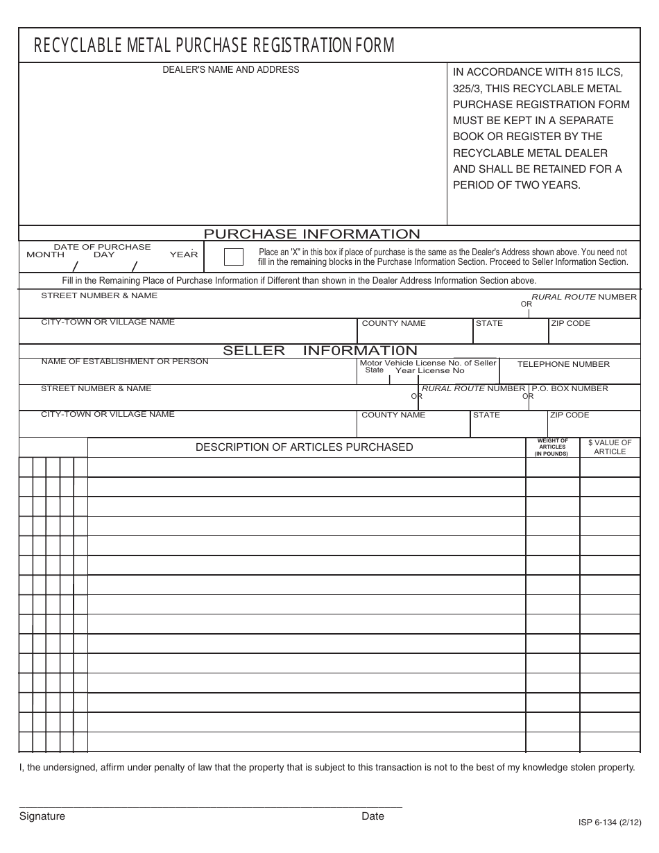 Form ISP6-134 Recyclable Metal Purchase Registration Form - Illinois, Page 1