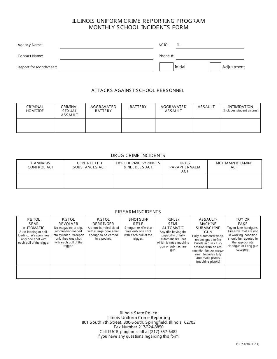Form ISP-2-421B Monthly School Incidents Form - Uniform Crime Reporting Program - Illinois, Page 1