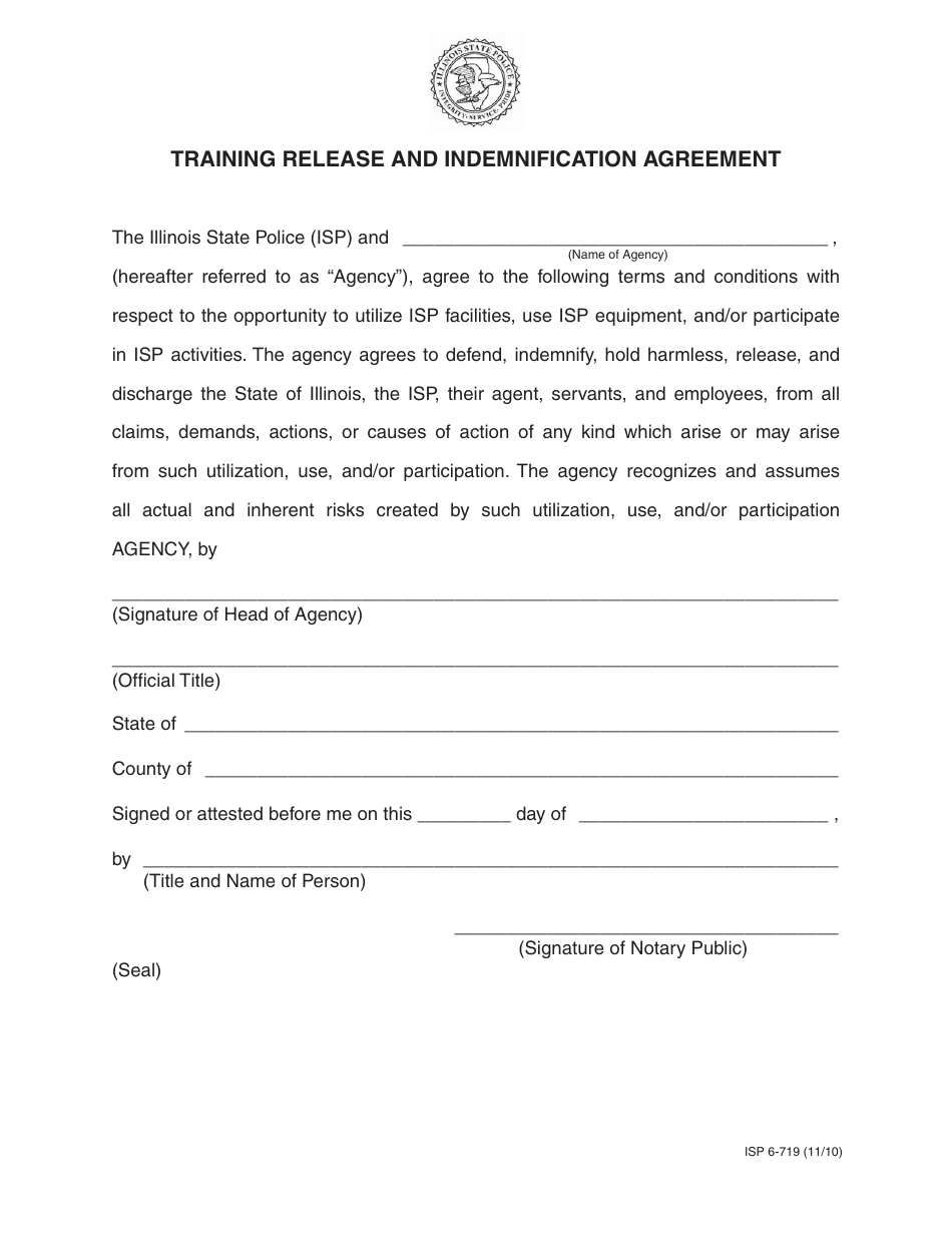 Form ISP6-719 Training Release and Indemnification Agreement - Illinois, Page 1